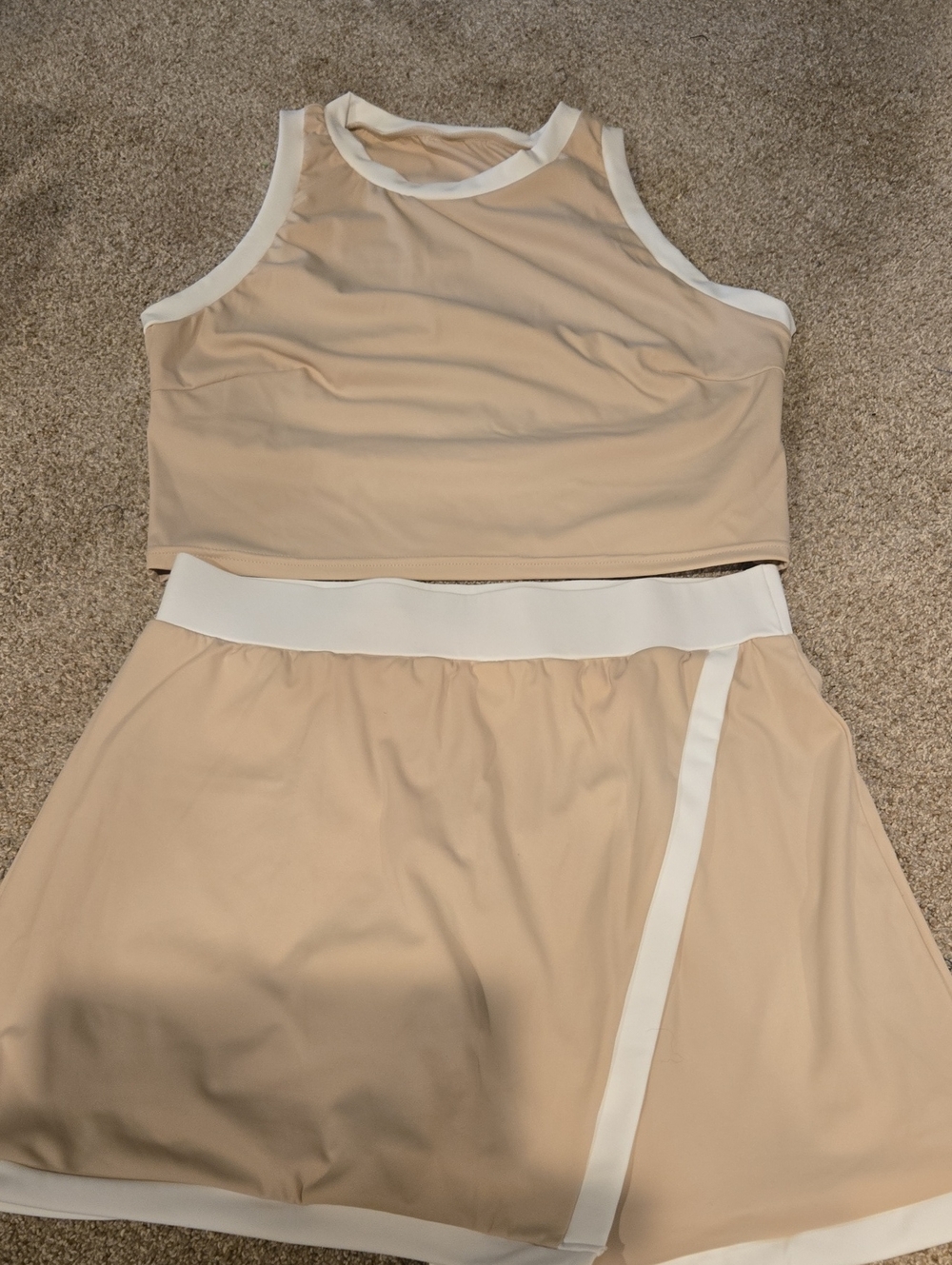 Beige Two-Piece Athletic Set with White Trim